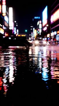 Vibrant neon lights reflect in a rain-slicked city street at night creating an immersive and dynamic urban scene perfect for travel nightlife or technology themes
