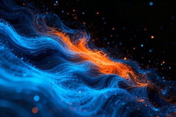 Obraz premium Abstract Wave of Blue and Orange Particles on Black Background