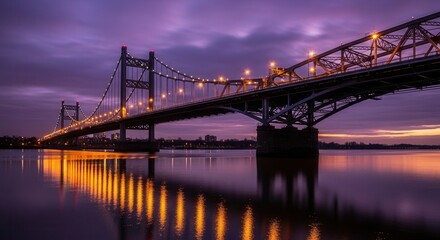 Dramatic Nighttime Bridge Illumination Reflecting On Calm Water With Gorgeous Sky