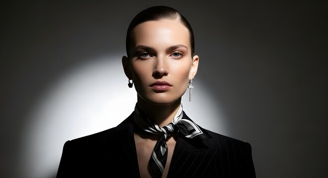 A confident woman in a black suit with a scarf stands under a spotlight against a dark background