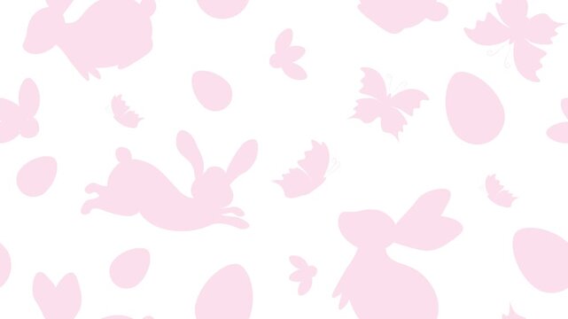 Cute pink Easter pattern looping animation. Bunnies, eggs, and butterflies silhouettes scrolling across a white background. Ideal for spring holiday projects and kids content.