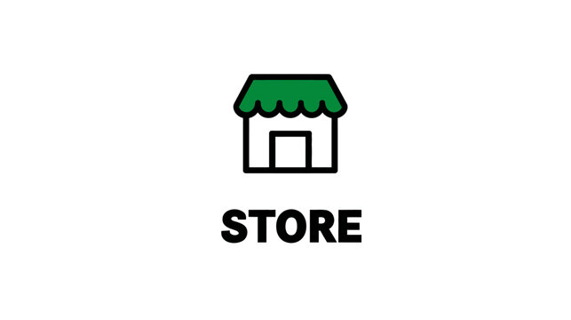 Minimalist Black Line Store Icon with Green Awning and Text on White Background. Shop Symbol, Retail, E-commerce, Marketplace Graphic Element.