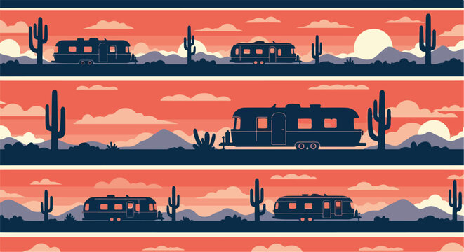 Retro RV campers in a desert landscape with saguaro cacti and mountains under a sunset sky