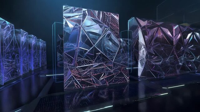 Moving camera revealing faceted block in dark studio on reflective floor, LED strips showing depth