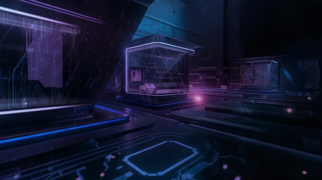 Pulsing central neon cube activating, showing wireframes in tech chamber with rear cube