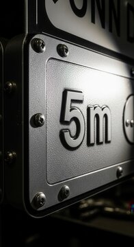 Industrial-Style Signage with Embossed 5m Text Displaying Metallic Tones and Bolt Details