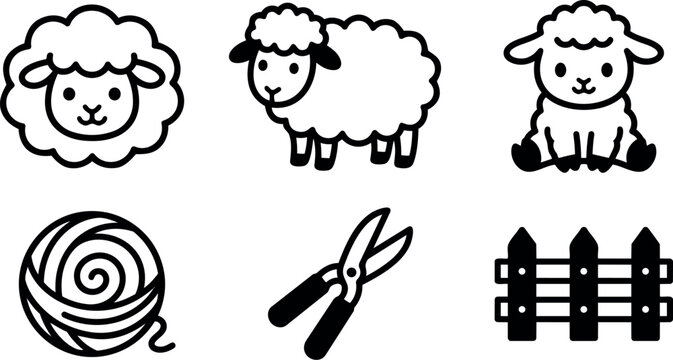 Line art vector icon set showing sheep faces standing and sitting lamb wool ball shears wooden fence bold style