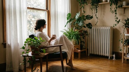 Woman relaxing with a warm drink by the sunlit window surrounded by lush indoor plants.