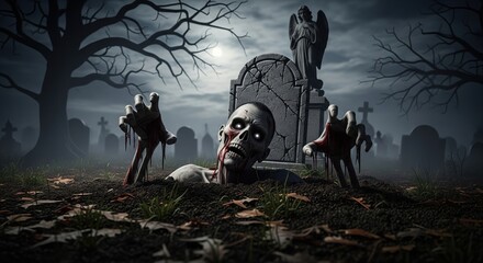 A horrifying zombie emerges from its grave in a desolate, moonlit cemetery, its glowing eyes and blood-stained hands reaching out in a terrifying scene of undead horror on a spooky night