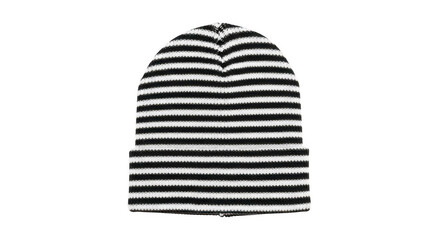 A black and white striped beanie on transparent background