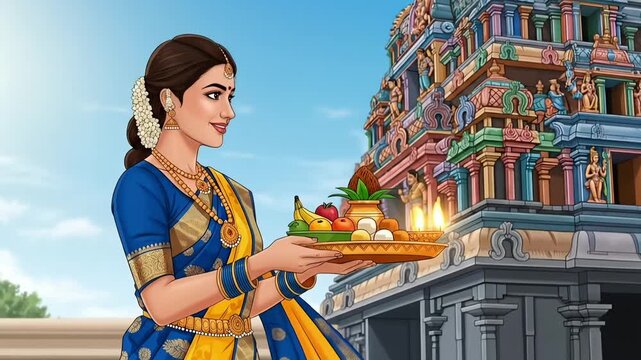 Traditional Tamil woman offering prayer plate before colorful temple gopuram celebration greeting for Tamil New Year culture festival devotion video