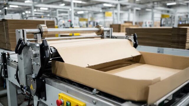 Medium shot of automated machinery folding flat cardboard into sturdy trays showcasing precise mechanical movements in a busy packaging facility.