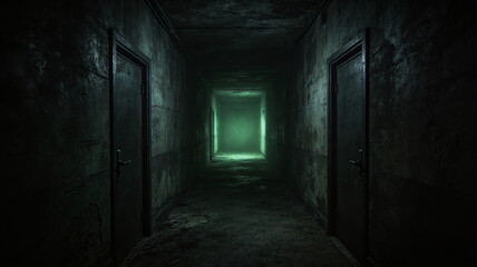 Obraz premium Eerie Corridor with Glowing Green Light at End