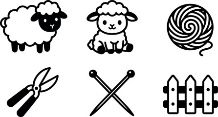 Fototapeta premium Flat design sheep and knitting icon set with pruning shears crossed needles yarn and fence in simple black line art