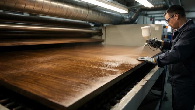 Medium shot of staining wood in a controlled factory environment showcasing careful application of color enhancers to achieve rich even tones.