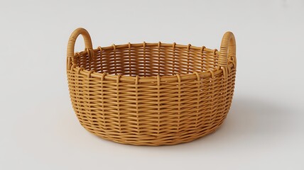 Obraz premium Traditional woven round basket with two curved handles made of naturalcolored rattan material