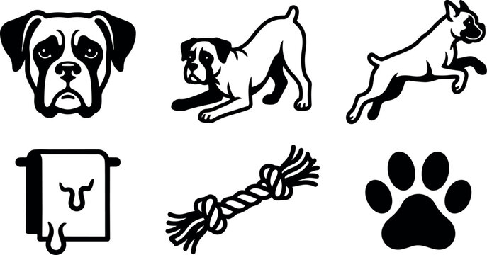 Flat design collection boxer dog head play bow jumping dog rope toy dripping towel and paw minimal icon set black