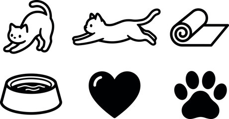 Fototapeta premium Flat line art cat icons set showing stretching and jumping cats with food bowl rolled mat heart and paw symbols