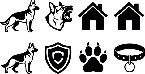 Flat design german shepherd icon set showing standing dog snarling head paw collar house and shield bold silhouette minimal monochrome