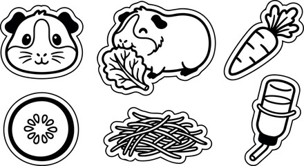 Fototapeta premium Line art sticker set close up guinea pig eating lettuce with carrot cucumber hay water bottle flat vector outline collection