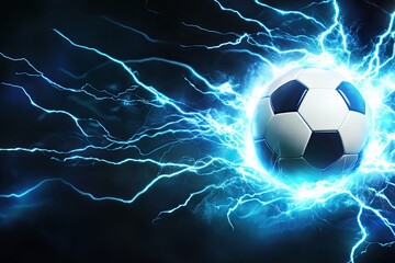 Fototapeta premium A soccer ball flies at lightning speed, creating magical effects. Banner. On a dark background.