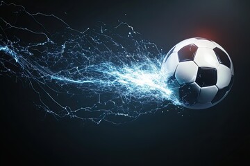 Fototapeta premium A soccer ball flies at lightning speed, creating magical effects. Banner. On a dark background.