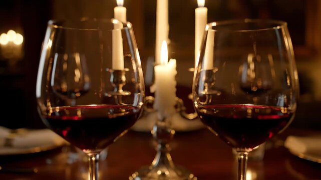 Romantic Dinner Setting with Wine Glasses and Lit Candles for a Special Occasion.