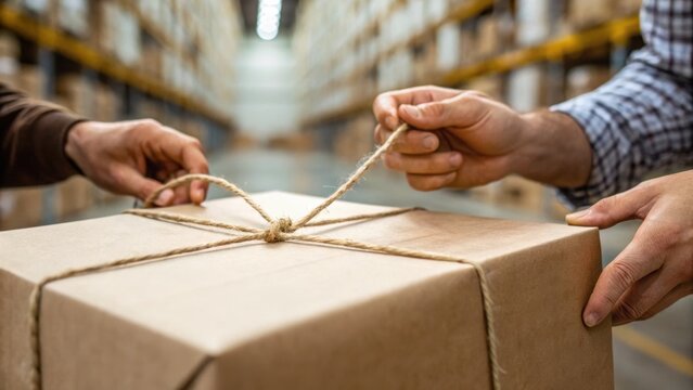 Two people tying a string around a cardboard box in a warehouse with shelves full of packages in the background.