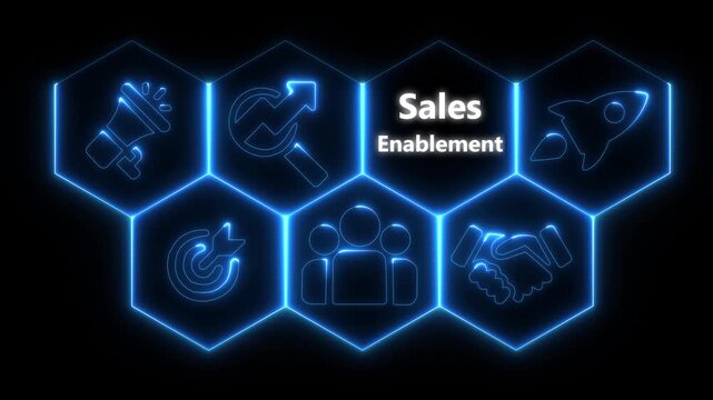 Futuristic neon glowing button showing &ldquo; Sales enablement &rdquo; on a high-tech computer screen. Abstract technology background with digital interface elements.