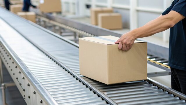 A person places a cardboard box on a roller conveyor belt in a warehouse or packaging facility.