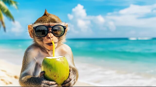 A playful monkey enjoying a coconut drink on a tropical beach.