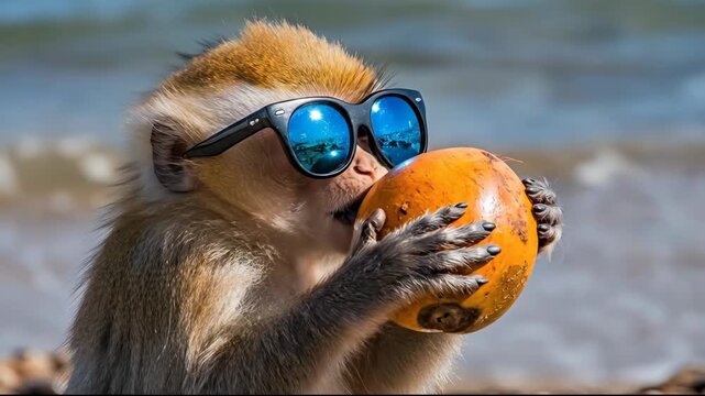 A playful monkey wearing sunglasses, holding a coconut on the beach.
