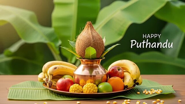 Sacred kalash with coconut and fresh fruits placed on banana leaf for festive greeting celebration Tamil New Year tradition culture offering ritual background