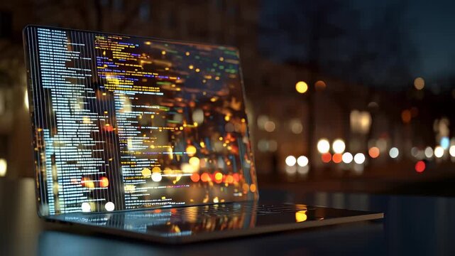 Laptop Screen Reflecting City Lights at Night.