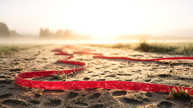 trespass. Red caution tape on ground with footprints crossing it, morning dew, soft daylight. event key visuals, club posters, designed for fitness apps and gym onboarding, supports training.
