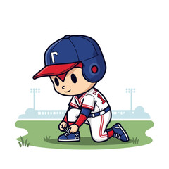 Young Baseball Player Tying Shoelaces on the Field.