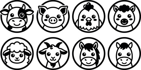 Fototapeta premium Minimalist line art circle icons of eight farm animal faces smiling front view vector set for kids branding and education