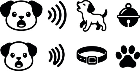 Obraz premium Flat design close up barking dog face icon and standing puppy with collar bell paw print and sound waves minimal