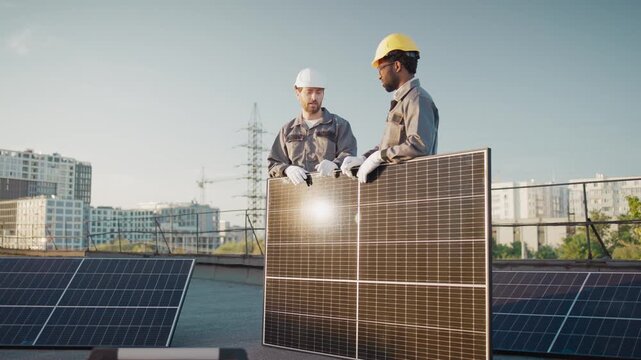 Two multiracial male workers in helmets holding large solar panel on rooftop. Technician installing renewable energy system under clear sky. Sustainable energy setup in urban environment concept