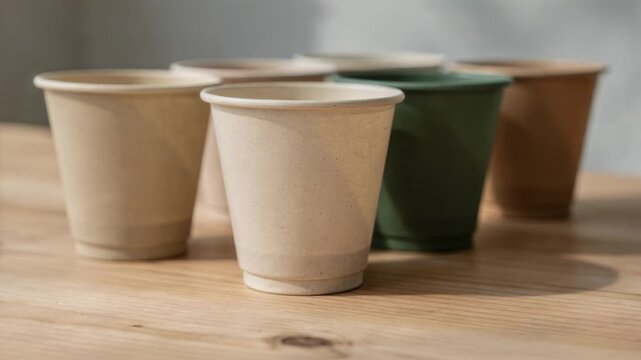 Medium shot featuring tinted biobased compostable rigid cups displayed on a wooden surface emphasizing subtle color differences and durability made from renewable plantbased