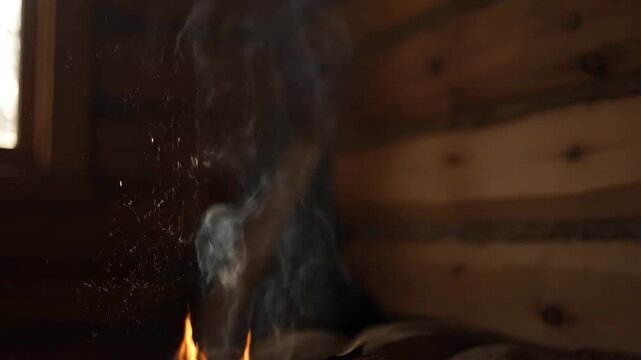Smoke rising from fire in a dark wooden cabin, close up view.
