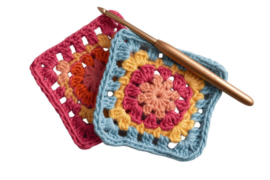 Handcrafting small granny squares with crochet hook, a colorful textile art and yarn hobby on transparent background