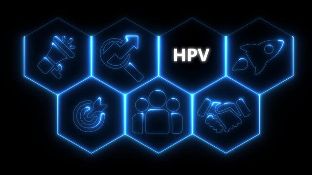 Neon line Open HPV business concept with alpha channel. Technology and network concept. Animated Dynamic wave of color particles. Digital technology background
