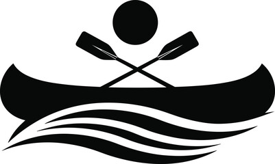 Black silhouette of a canoe with crossed paddles and a sun icon over water waves isolated on white for outdoor adventure and summer camping. © Austomi's World