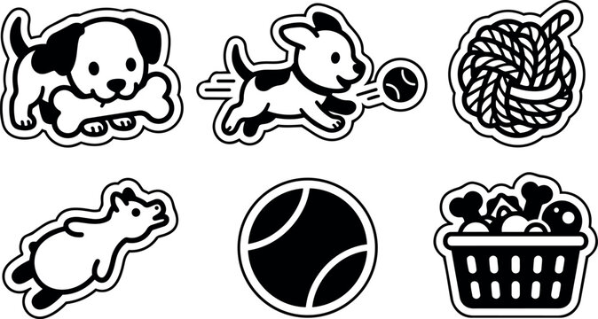 Minimalist sticker style vector puppies playing with bone ball yarn and toy basket flat black white cute outline icons set