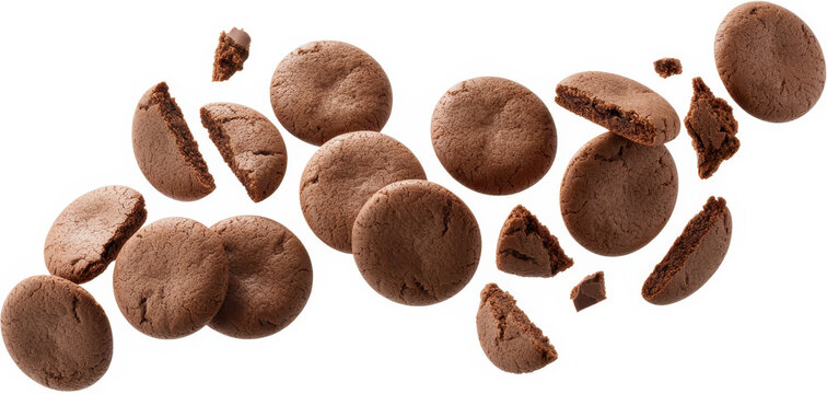 Brown cookies and cookie pieces in mid-air baked