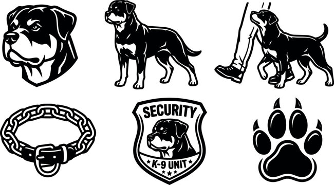 Monochrome vector badge rottweiler head standing full body dog walking with handler chain collar paw print emblem security patrol logo