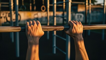 Fototapeta premium Athletic hands gripping pull up bar in outdoor urban gym at sunset