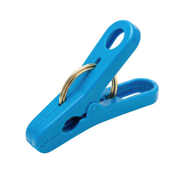 A blue plastic clothespin with a gold spring on a transparent background