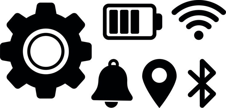 Flat design tech icons set gear battery wifi bluetooth bell location pin simple black vector on white background minimal interface